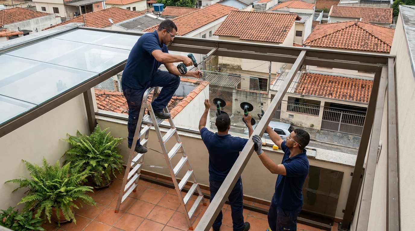 Cobertura de vidro em terraço com telhados em São Gonçalo-RJ