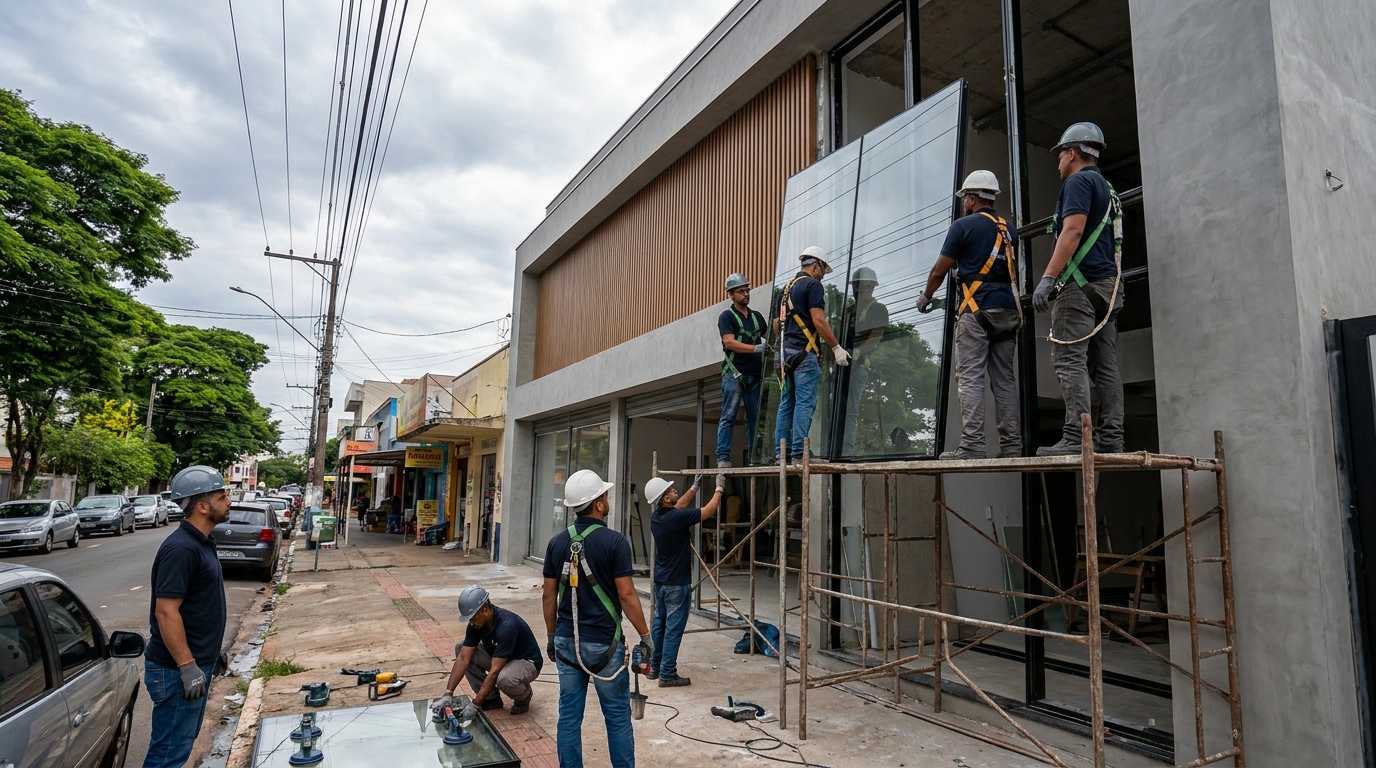 Fachada de vidro com andaime lateral em São Gonçalo-RJ
