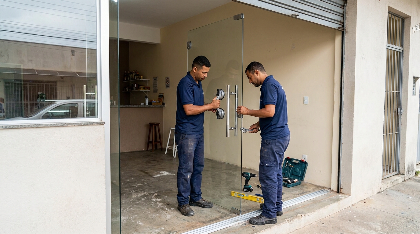 Dupla instalando porta de vidro em loja em São Gonçalo-RJ